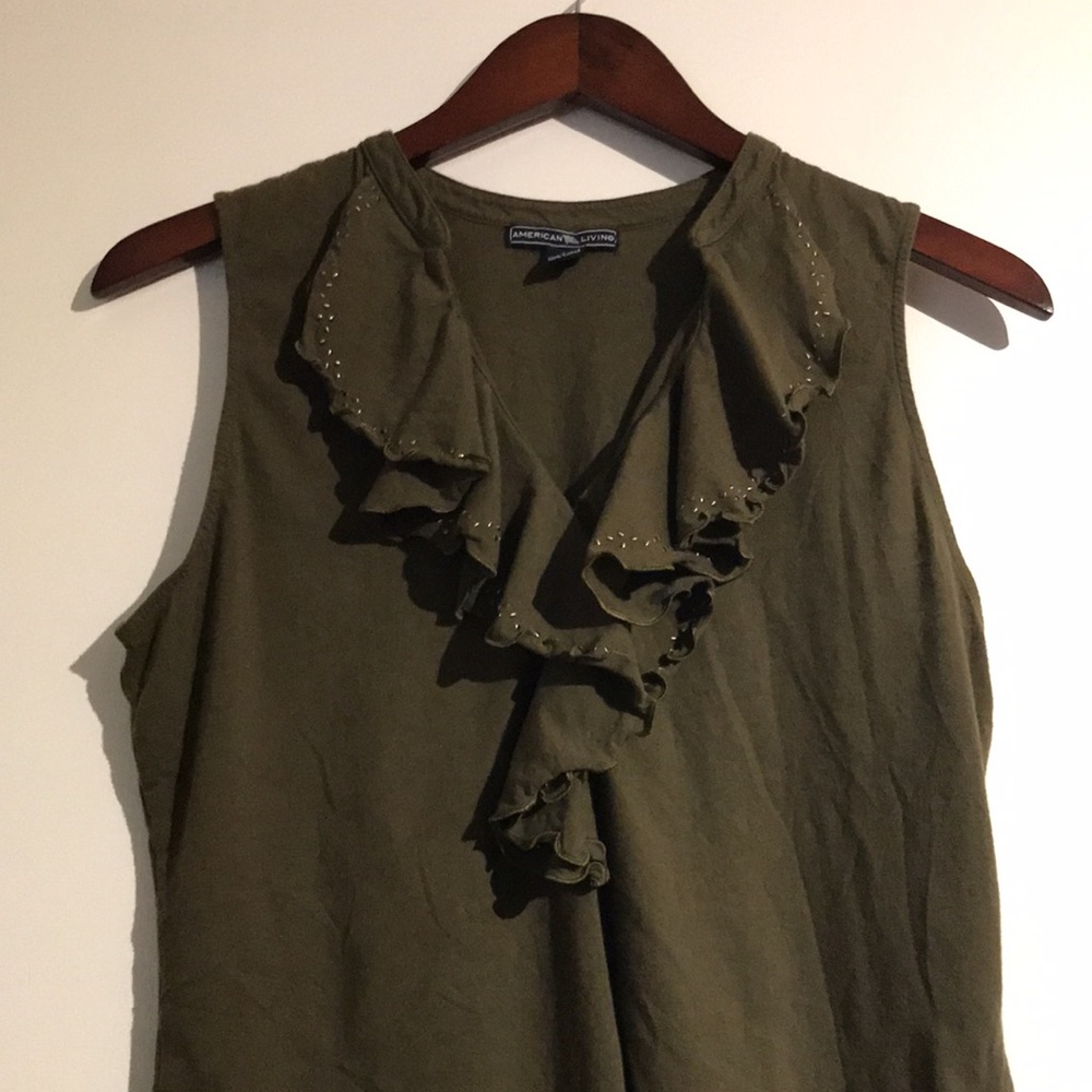 American Living Women's Olive Ruffle Neck Sleeveless Cotton Blouse Top Size L - Picture 11 of 16